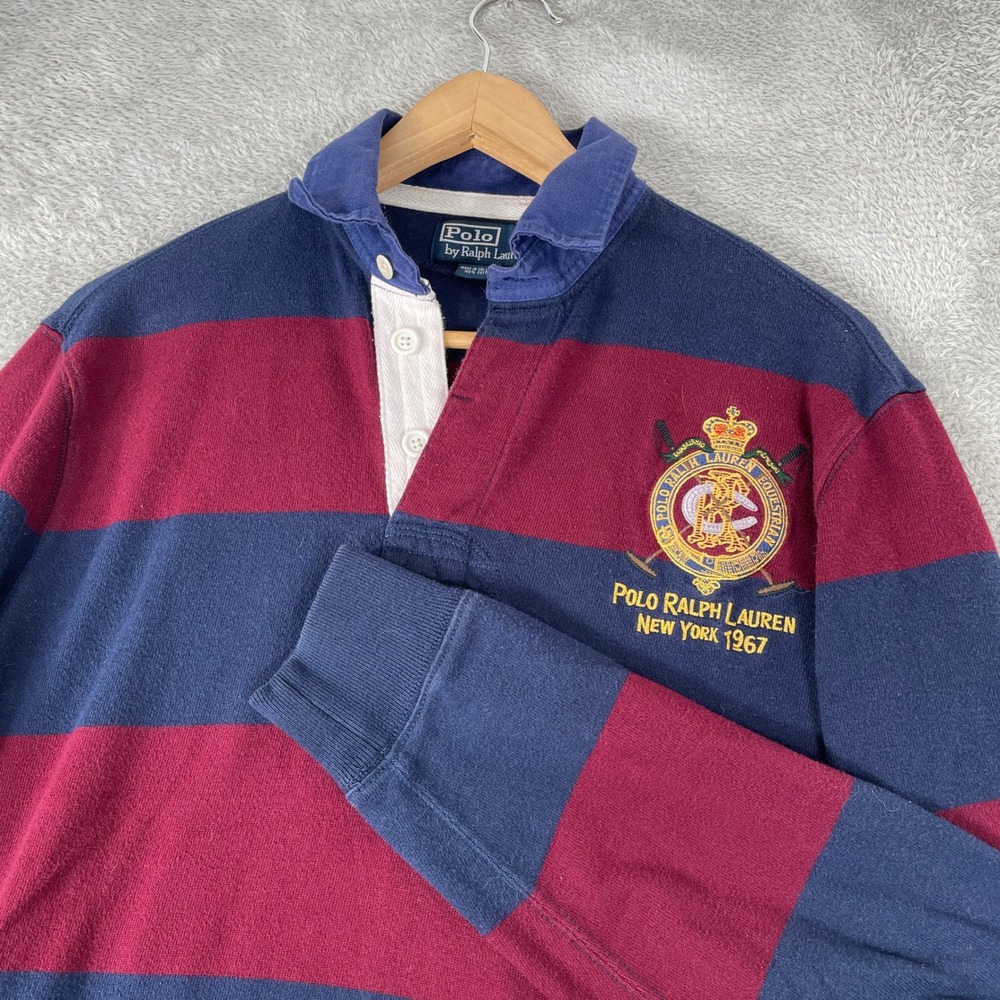 Polo Ralph Lauren Rugby Shirt Mens Small Navy Burgundy Y2K Crest Striped Vintage